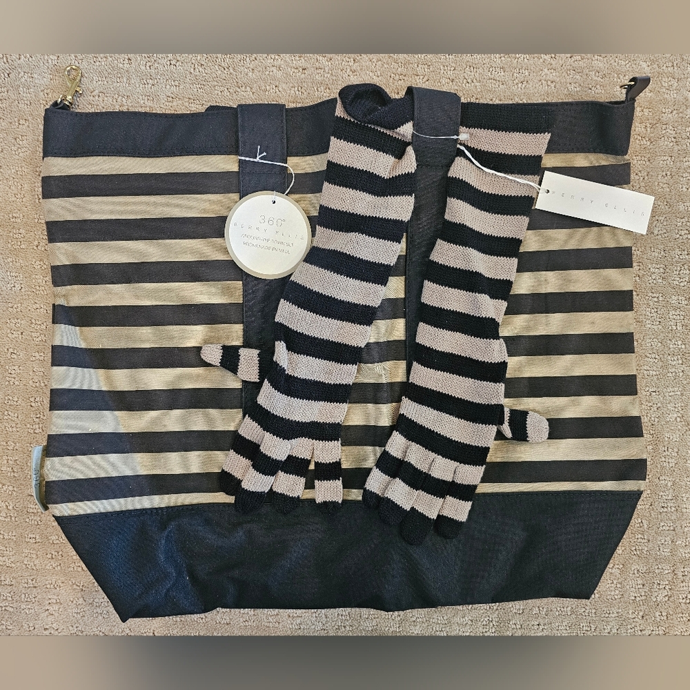 NWT Perry Ellis Tote Striped Black and Tan Gloves